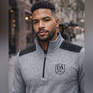 Gray Sweater with Black Studded Shoulders